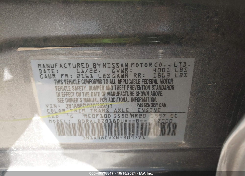 2022 NISSAN SENTRA SV XTRONIC CVT VIN: 3N1AB8CVXNY309771