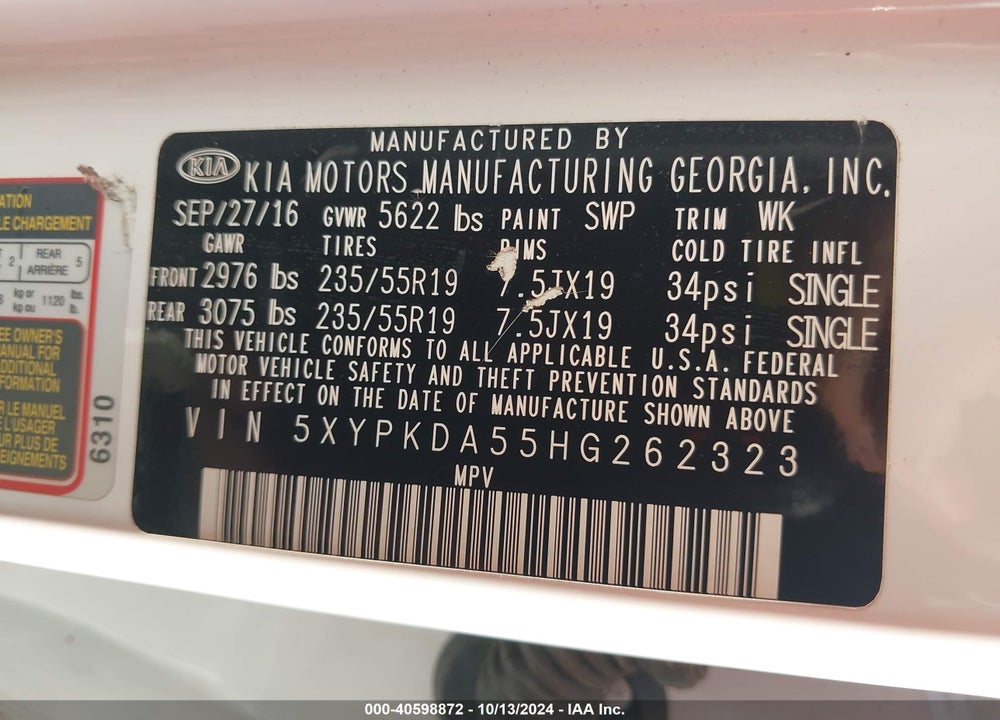 2017 KIA SORENTO 3.3L SXL VIN: 5XYPKDA55HG262323