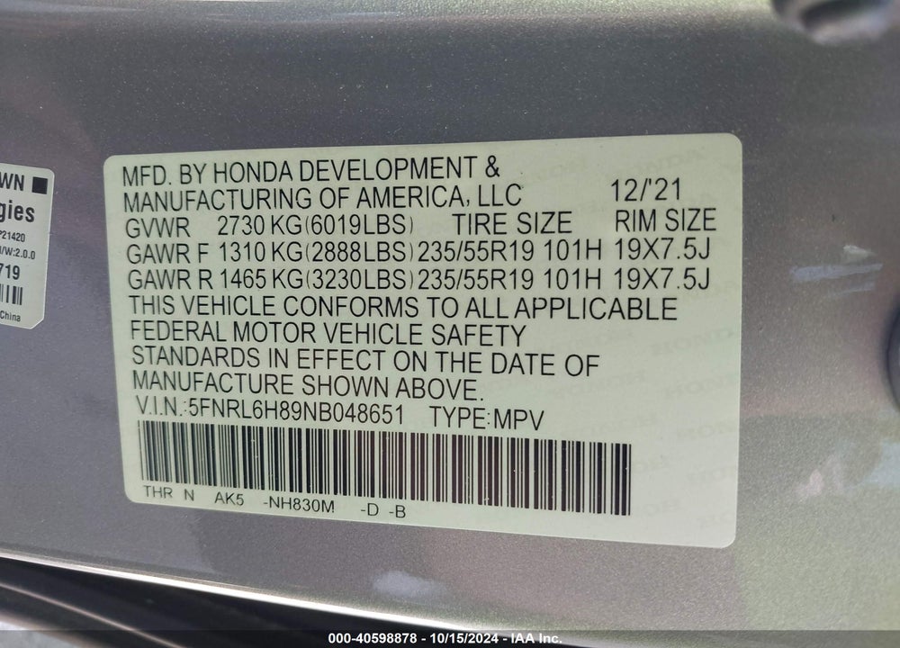 2022 HONDA ODYSSEY TOURING VIN: 5FNRL6H89NB048651