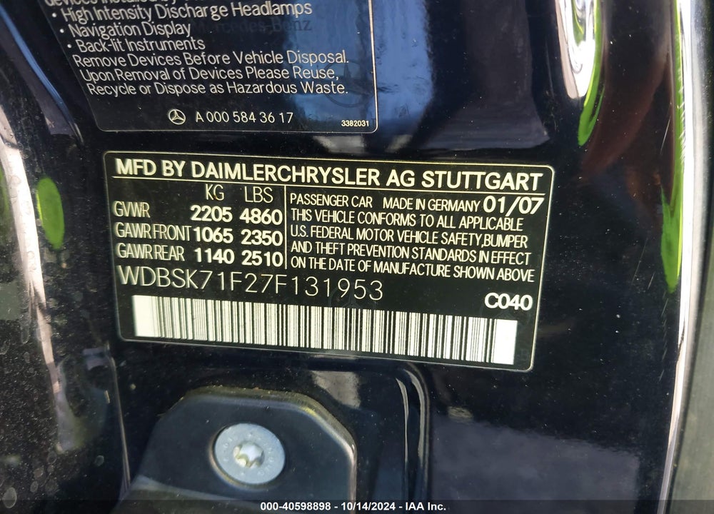 2007 MERCEDES-BENZ SL 550 VIN: WDBSK71F27F131953