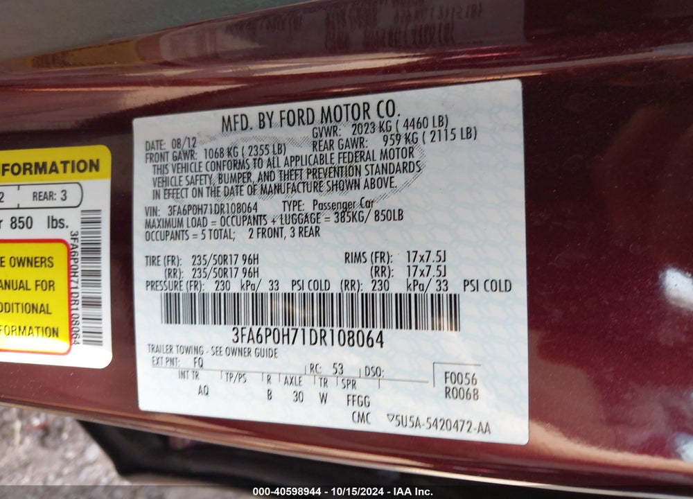 2013 FORD FUSION SE VIN: 3FA6P0H71DR108064
