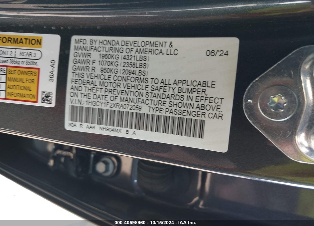 2024 HONDA ACCORD LX VIN: 1HGCY1F2XRA072059