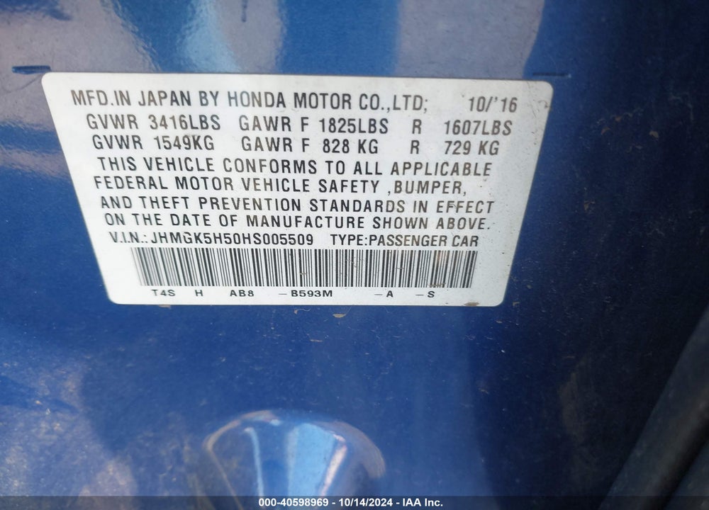 2017 HONDA FIT LX VIN: JHMGK5H50HS005509