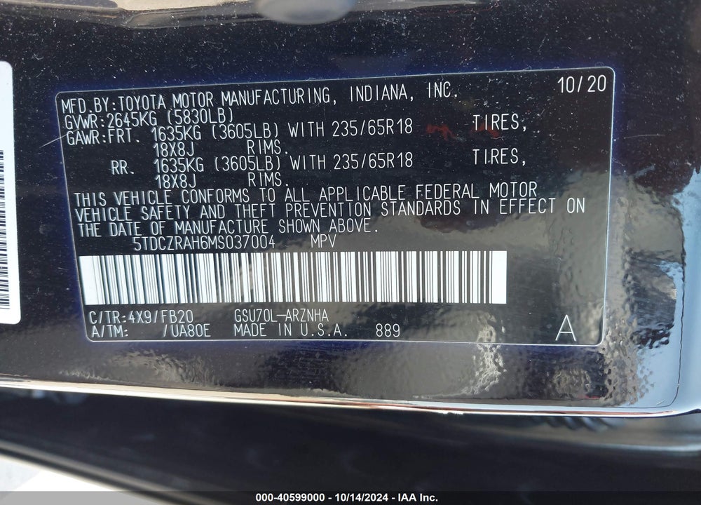 2021 TOYOTA HIGHLANDER L VIN: 5TDCZRAH6MS037004