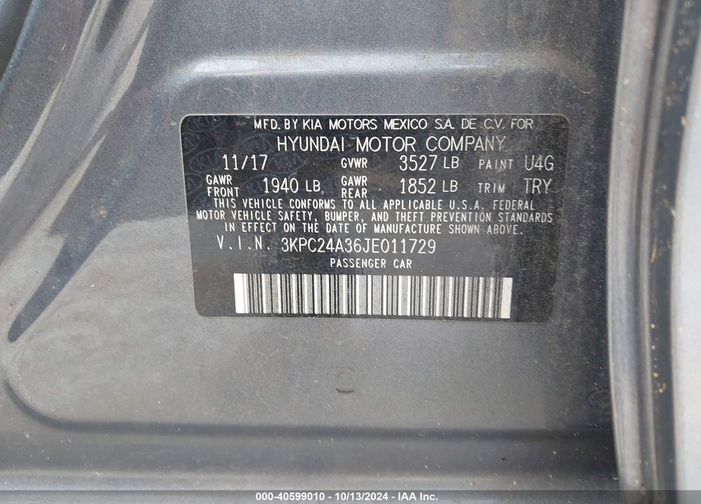 2018 HYUNDAI ACCENT SE VIN: 3KPC24A36JE011729