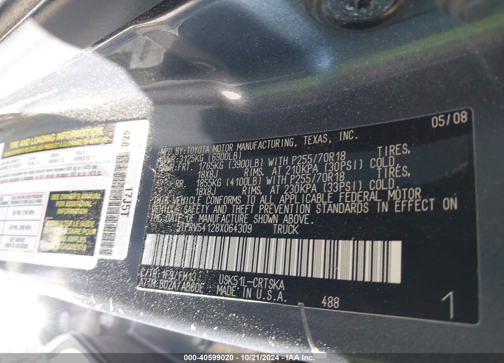 2008 TOYOTA TUNDRA SR5 5.7L V8 VIN: 5TFRV54128X064309