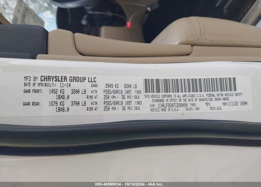 2015 JEEP GRAND CHEROKEE LIMITED VIN: 1C4RJFBG0FC699090