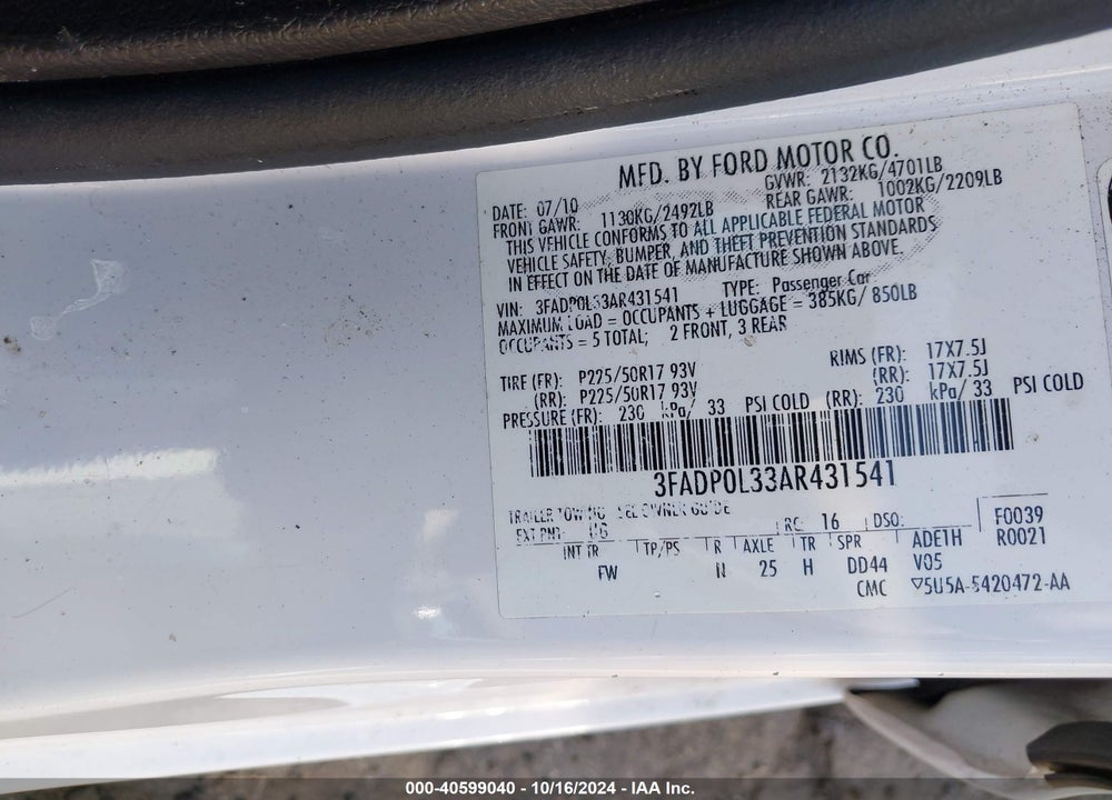 2010 FORD FUSION HYBRID VIN: 3FADP0L33AR431541