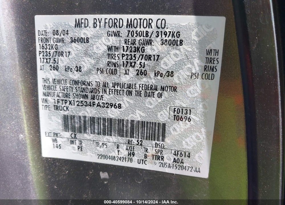 2004 FORD F-150 LARIAT/XL/XLT VIN: 1FTPX12534FA32968