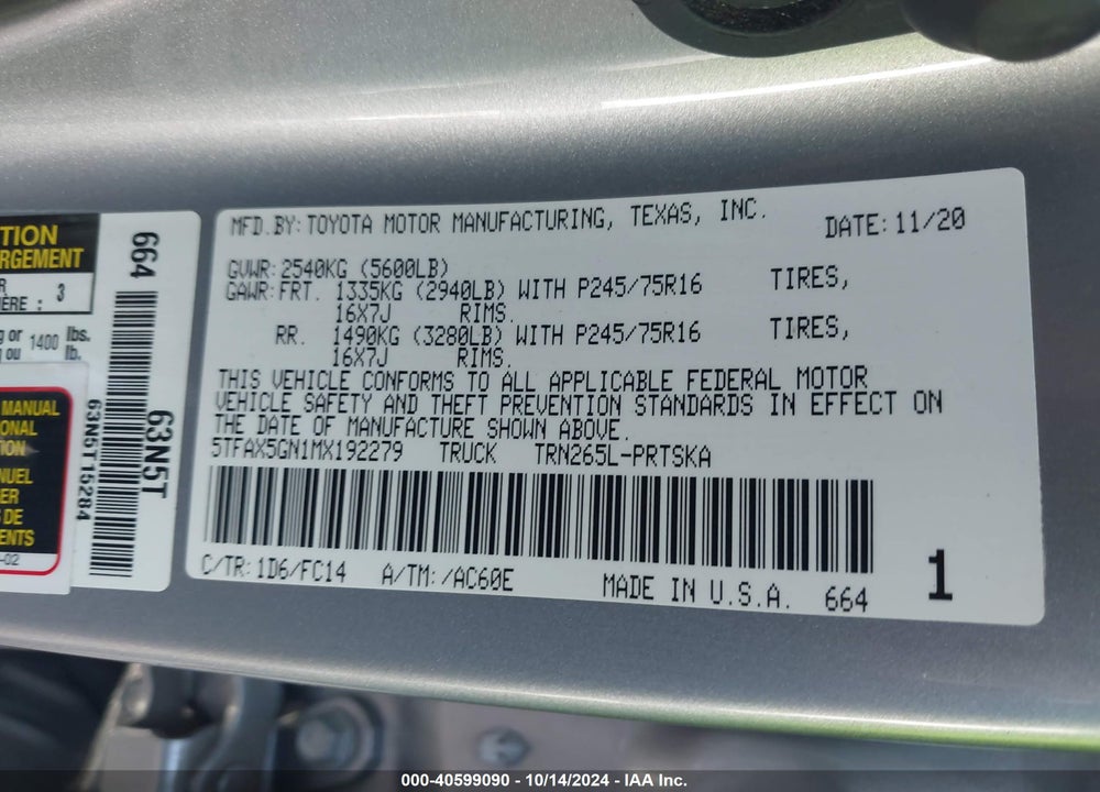 2021 TOYOTA TACOMA SR5 VIN: 5TFAX5GN1MX192279