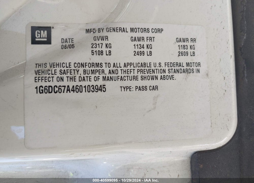 2006 CADILLAC STS V8 VIN: 1G6DC67A460103945