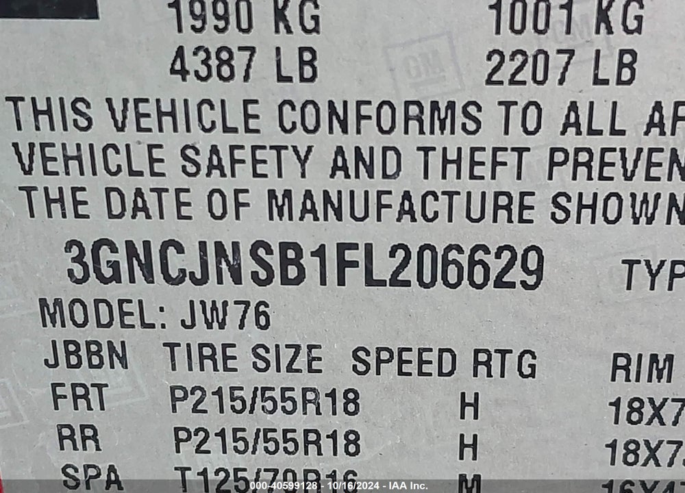 2015 CHEVROLET TRAX LTZ VIN: 3GNCJNSB1FL206629