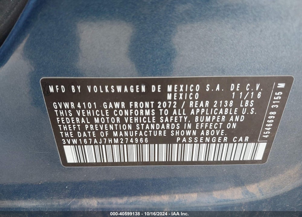 2017 VOLKSWAGEN JETTA 1.4T S VIN: 3VW167AJ7HM274966