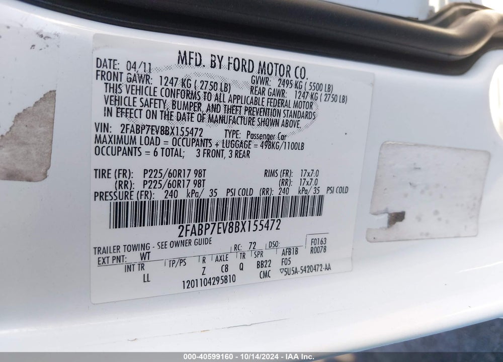 2011 FORD CROWN VICTORIA LX VIN: 2FABP7EV8BX155472