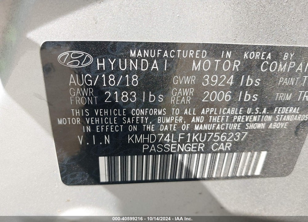 2019 HYUNDAI ELANTRA SE VIN: KMHD74LF1KU756237