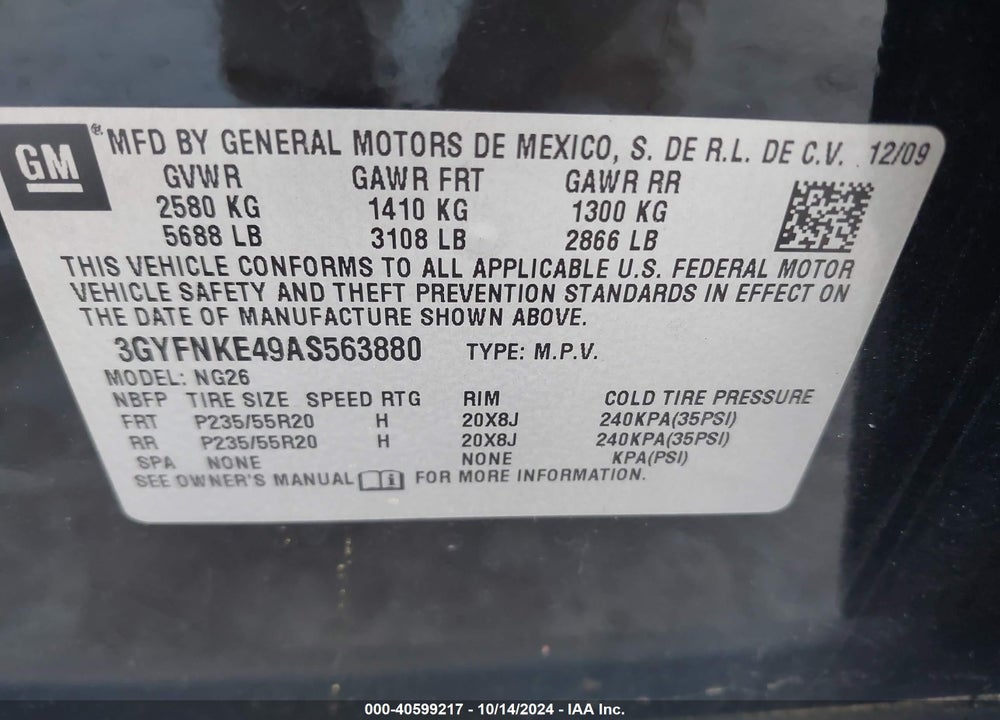 2010 CADILLAC SRX TURBO PREMIUM VIN: 3GYFNKE49AS563880