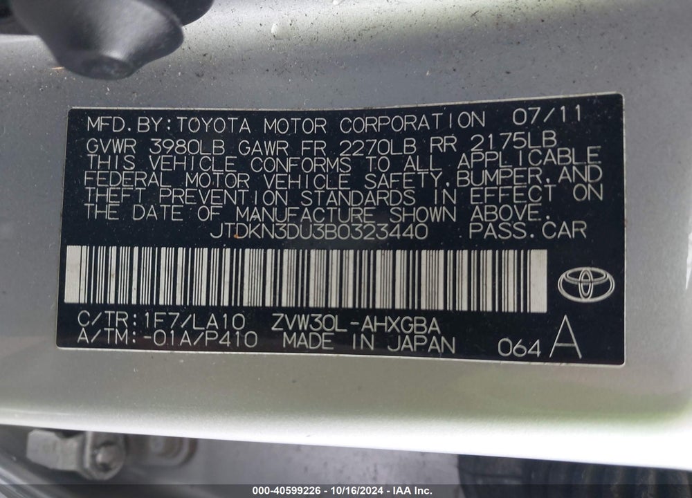 2011 TOYOTA PRIUS VIN: JTDKN3DU3B0323440