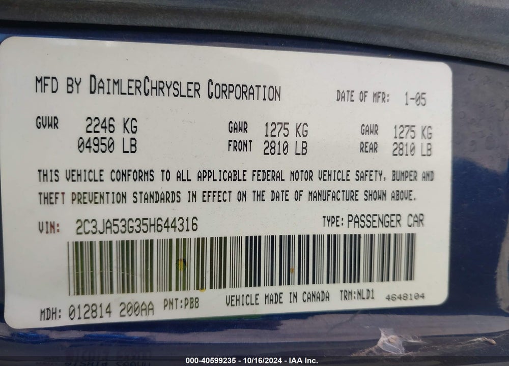 2005 CHRYSLER 300 TOURING VIN: 2C3JA53G35H644316