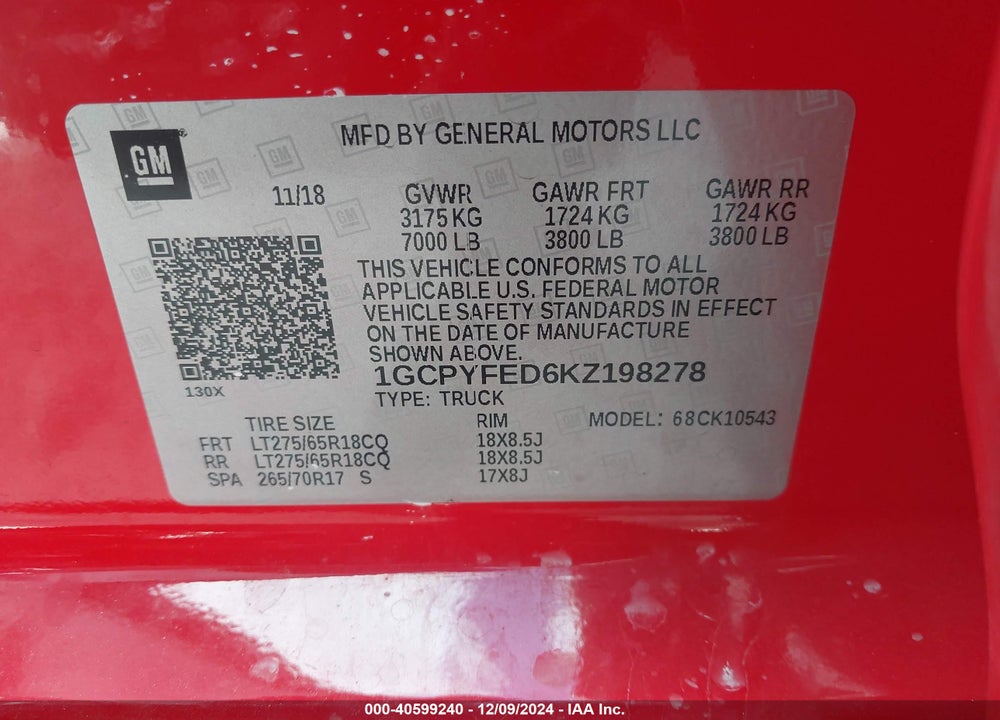 2019 CHEVROLET SILVERADO 1500 LT TRAIL BOSS VIN: 1GCPYFED6KZ198278