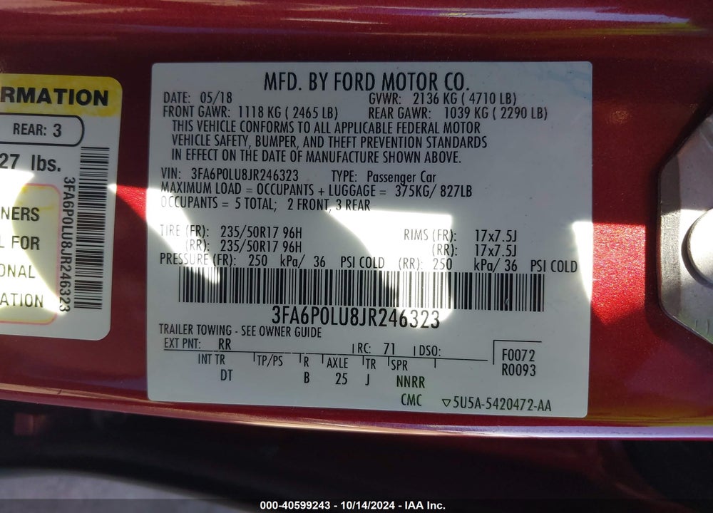 2018 FORD FUSION HYBRID SE VIN: 3FA6P0LU8JR246323
