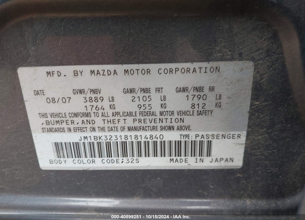 2008 MAZDA 3 S SPORT VIN: JM1BK323181814840