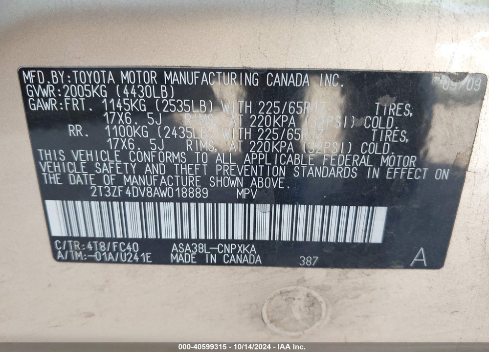 2010 TOYOTA RAV4 VIN: 2T3ZF4DV8AW018889