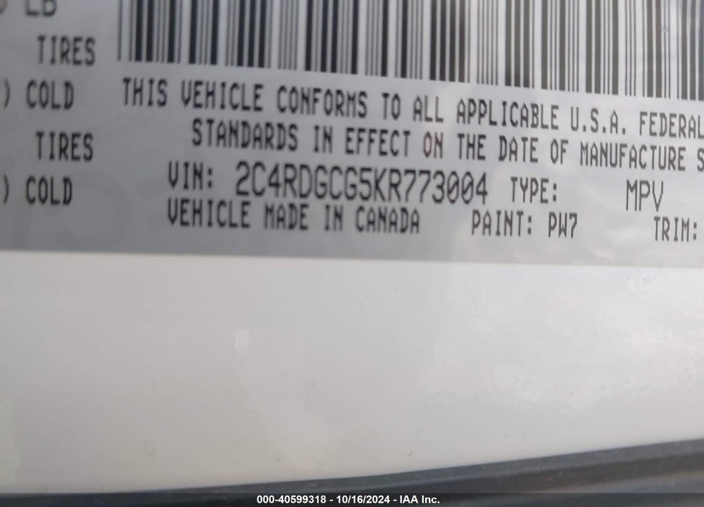 2019 DODGE GRAND CARAVAN SXT VIN: 2C4RDGCG5KR773004