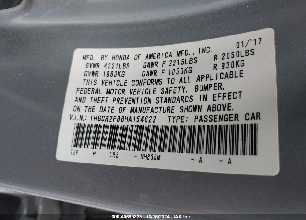 2017 HONDA ACCORD EX-L VIN: 1HGCR2F88HA154622