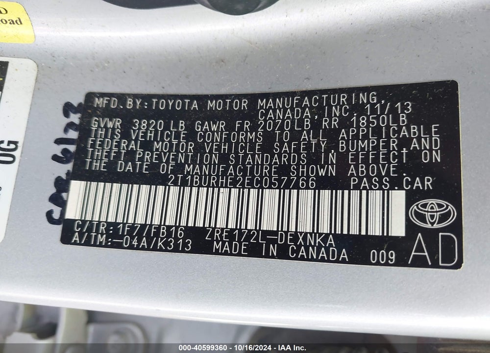 2014 TOYOTA COROLLA LE VIN: 2T1BURHE2EC057766