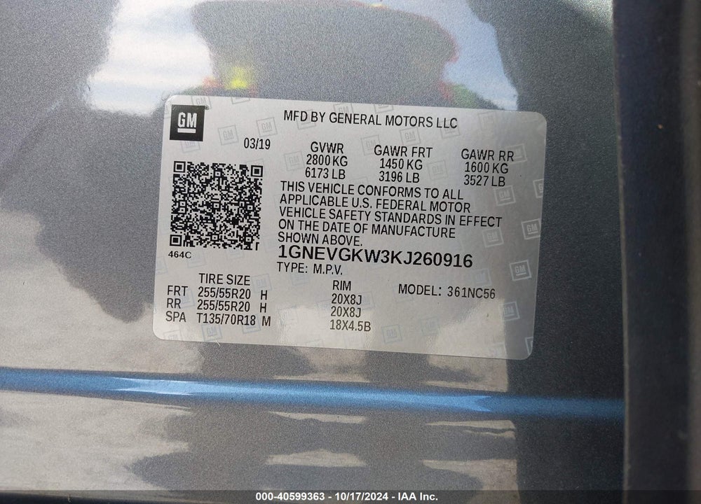 2019 CHEVROLET TRAVERSE 1LT VIN: 1GNEVGKW3KJ260916