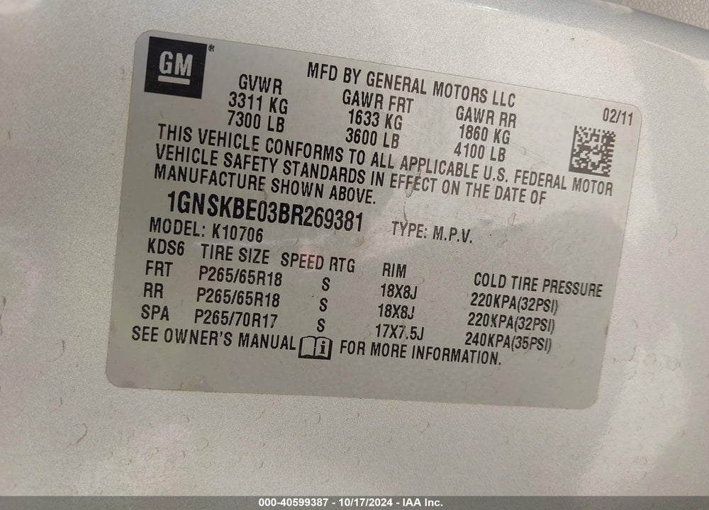 2011 CHEVROLET TAHOE LT VIN: 1GNSKBE03BR269381