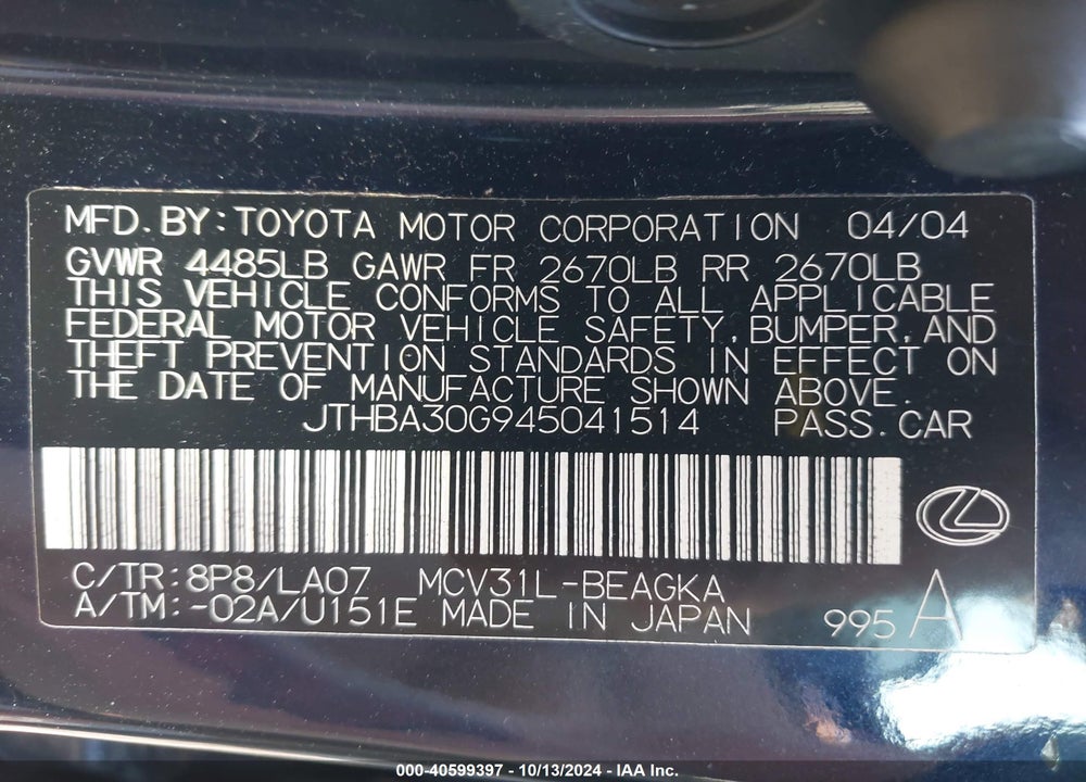 2004 LEXUS ES 330 VIN: JTHBA30G945041514