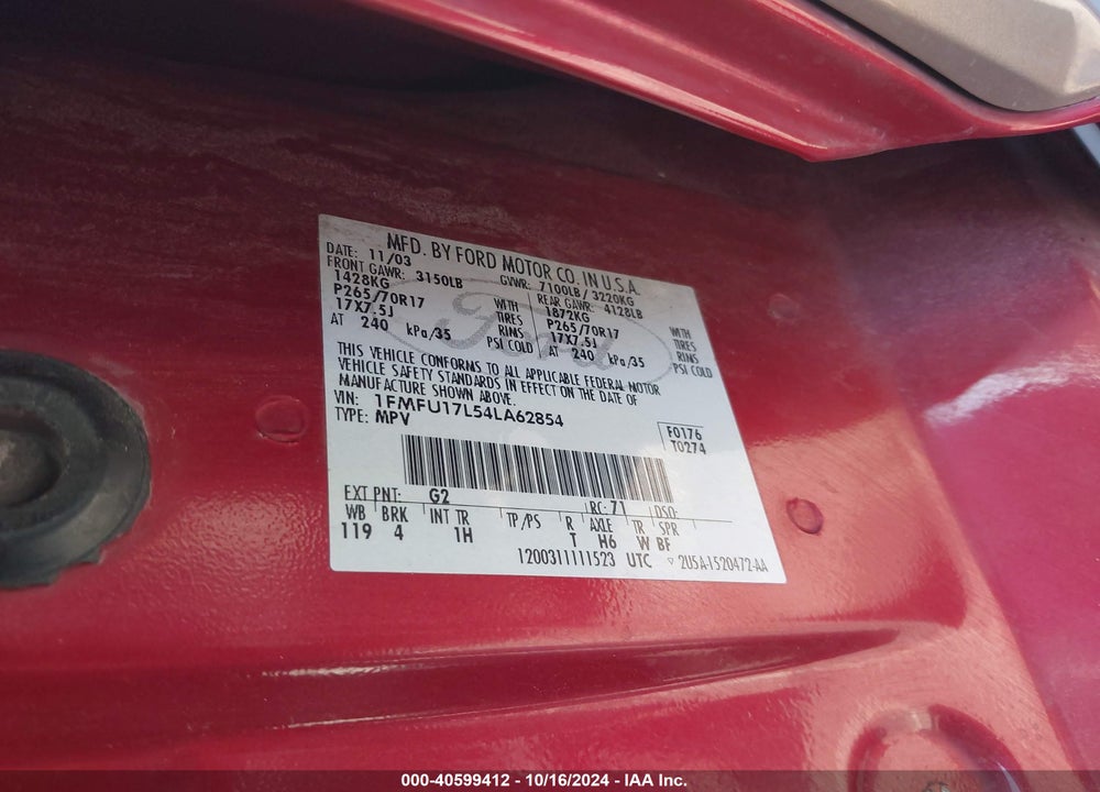 2004 FORD EXPEDITION EDDIE BAUER VIN: 1FMFU17L54LA62854