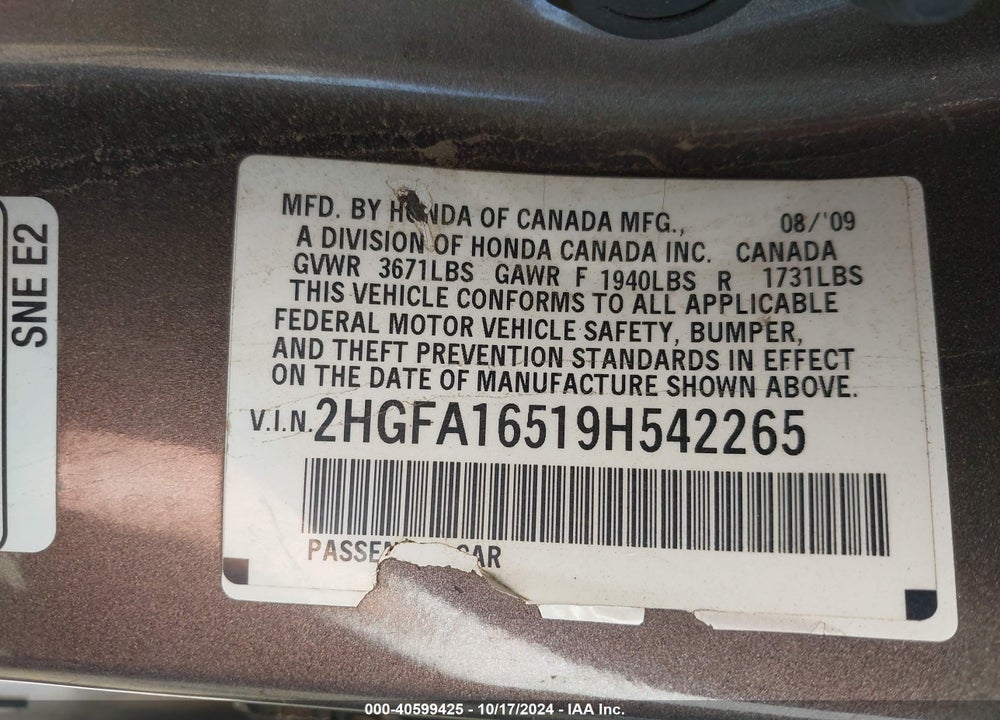 2009 HONDA CIVIC LX VIN: 2HGFA16519H542265