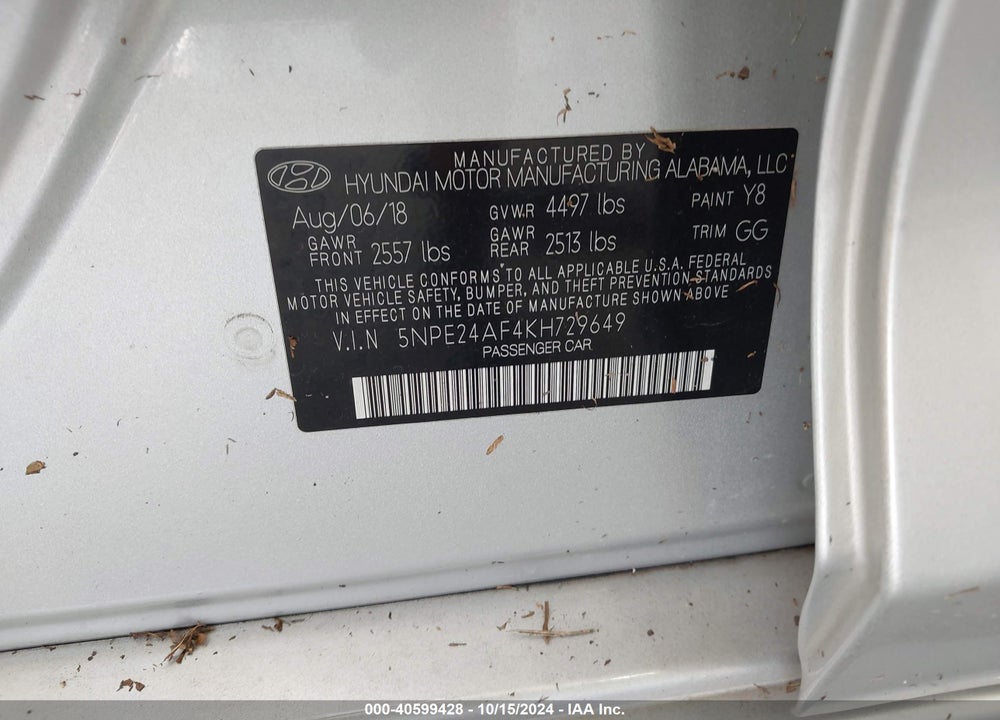 2019 HYUNDAI SONATA SE VIN: 5NPE24AF4KH729649