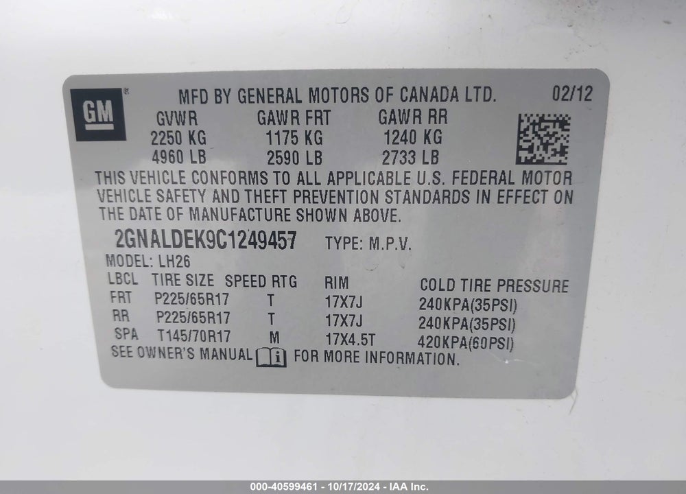 2012 CHEVROLET EQUINOX 1LT VIN: 2GNALDEK9C1249457
