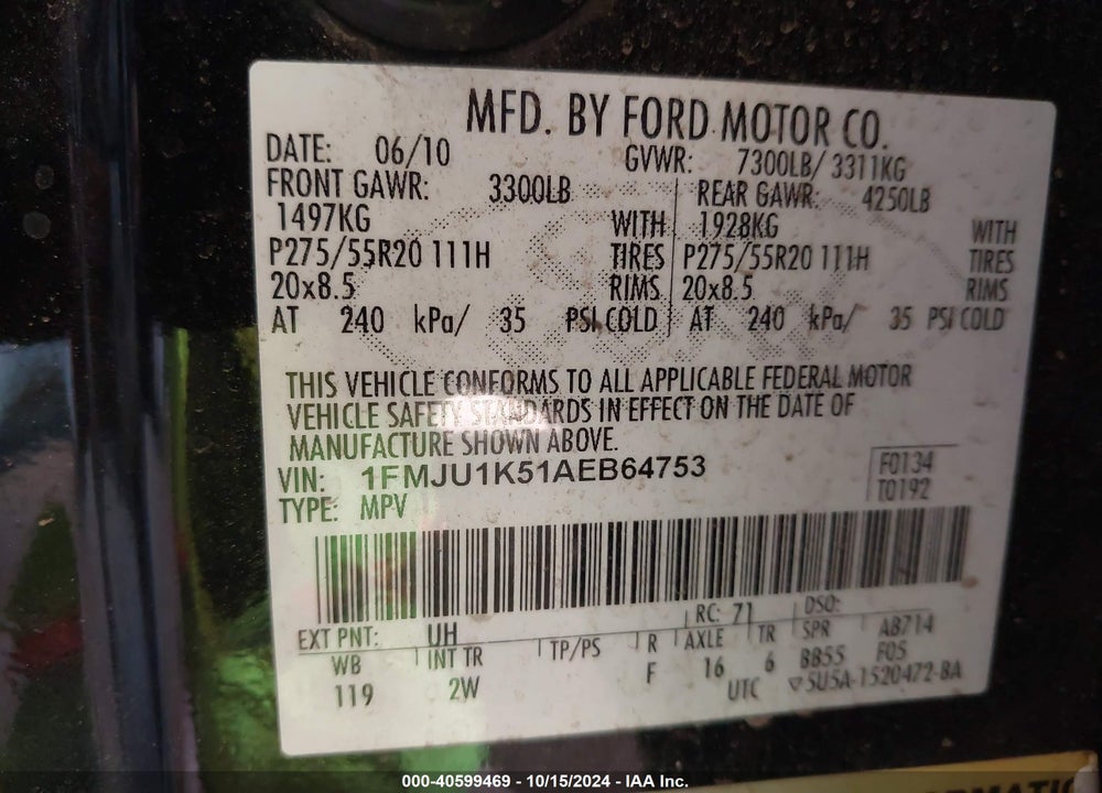 2010 FORD EXPEDITION LIMITED VIN: 1FMJU1K51AEB64753