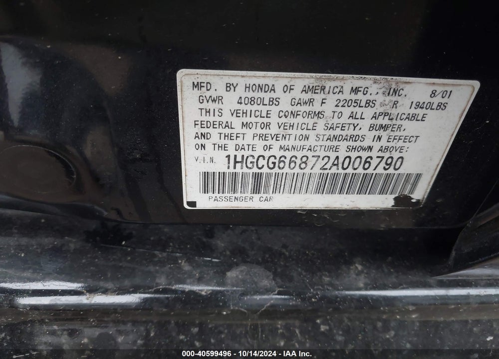 2002 HONDA ACCORD 2.3 EX/2.3 SE VIN: 1HGCG66872A006790