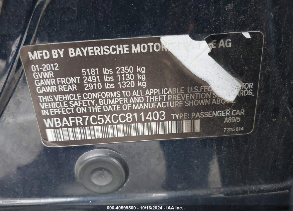 2012 BMW 535I VIN: WBAFR7C5XCC811403