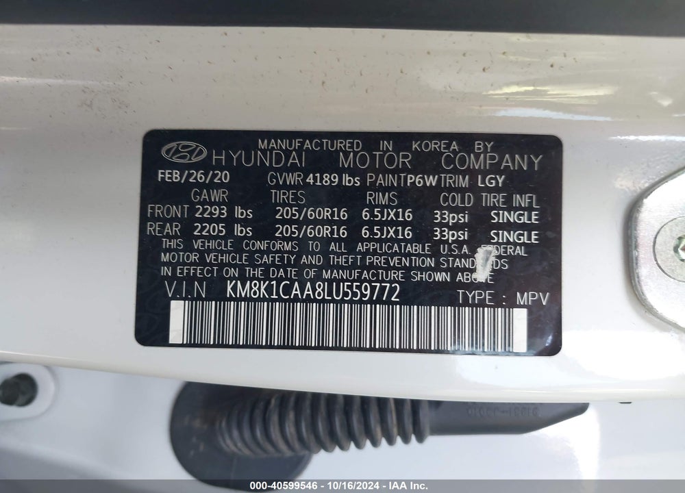 2020 HYUNDAI KONA SE VIN: KM8K1CAA8LU559772
