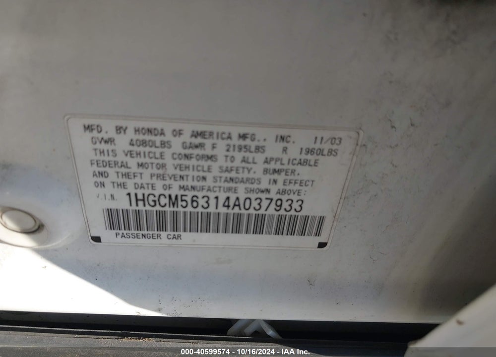 2004 HONDA ACCORD 2.4 LX VIN: 1HGCM56314A037933