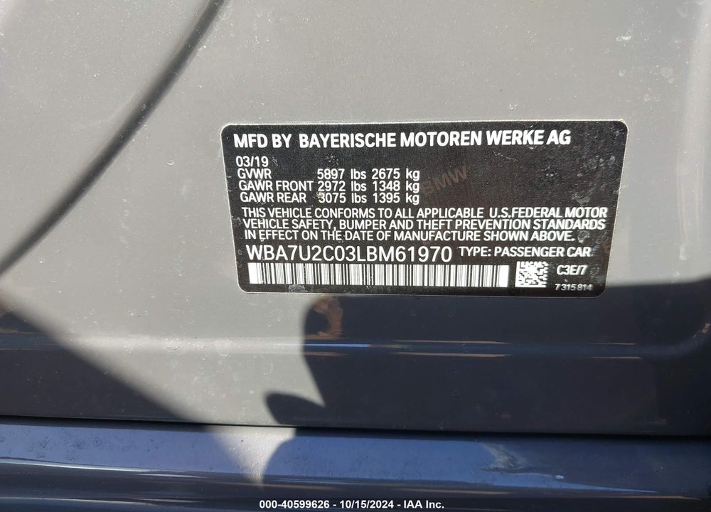 2020 BMW 750I XDRIVE VIN: WBA7U2C03LBM61970