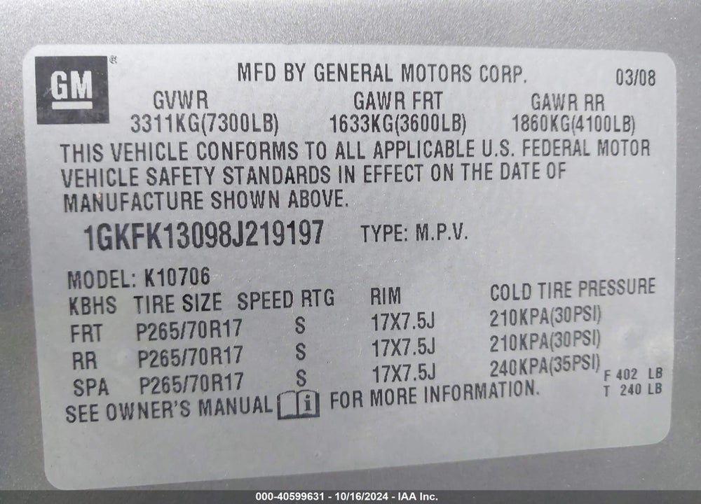 2008 GMC YUKON SLE VIN: 1GKFK13098J219197