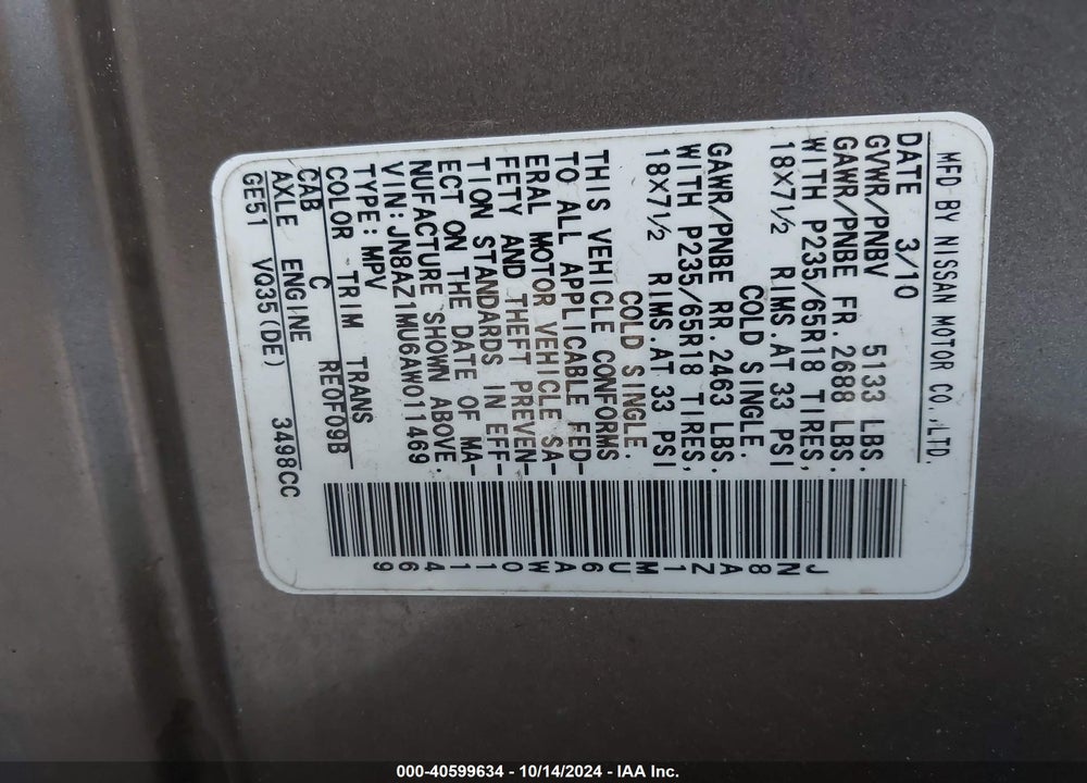 2010 NISSAN MURANO SL VIN: JN8AZ1MU6AW011469