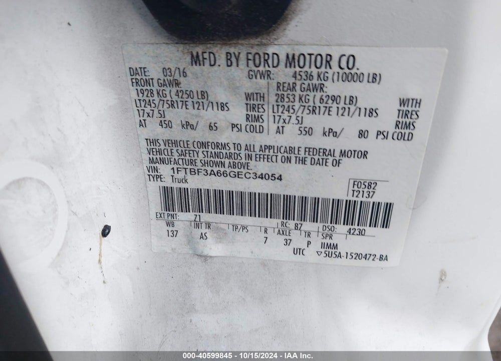 2016 FORD F-350 XL VIN: 1FTBF3A66GEC34054