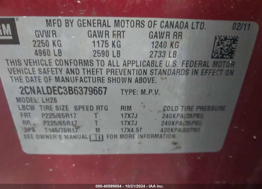 2011 CHEVROLET EQUINOX VIN: 2CNALDEC3B6379667