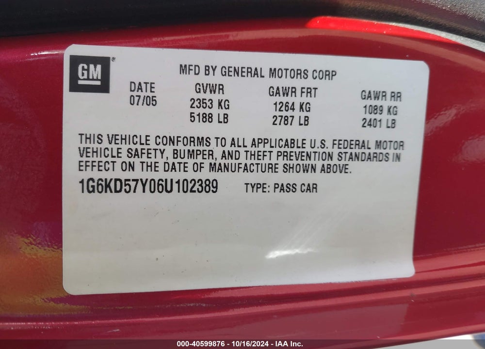 2006 CADILLAC DTS STANDARD VIN: 1G6KD57Y06U102389