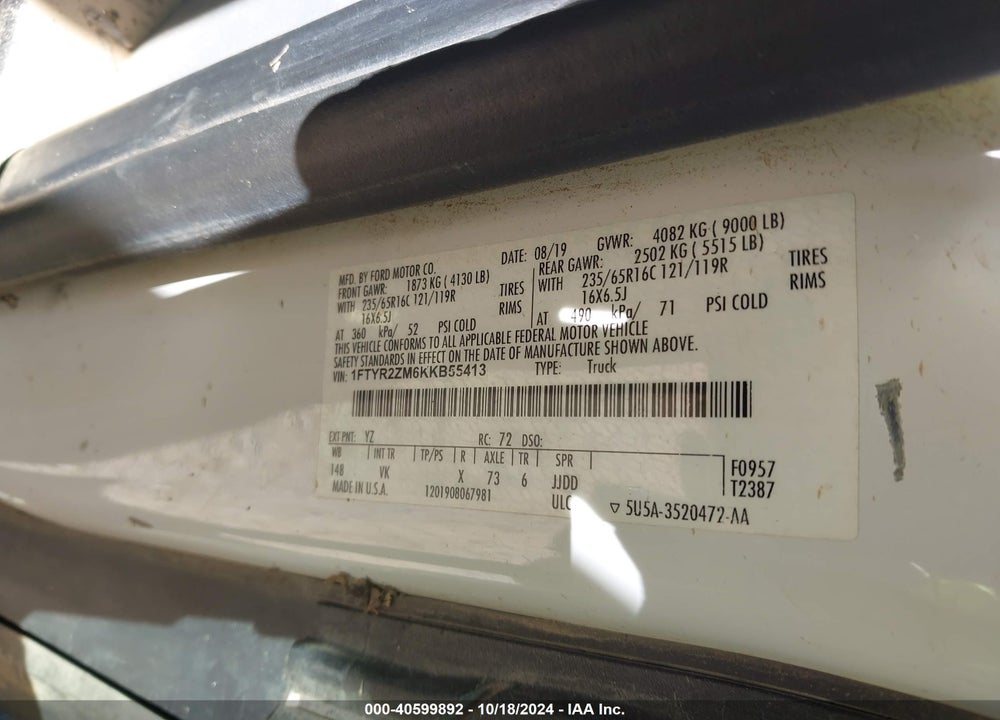 2019 FORD TRANSIT-250 VIN: 1FTYR2ZM6KKB55413