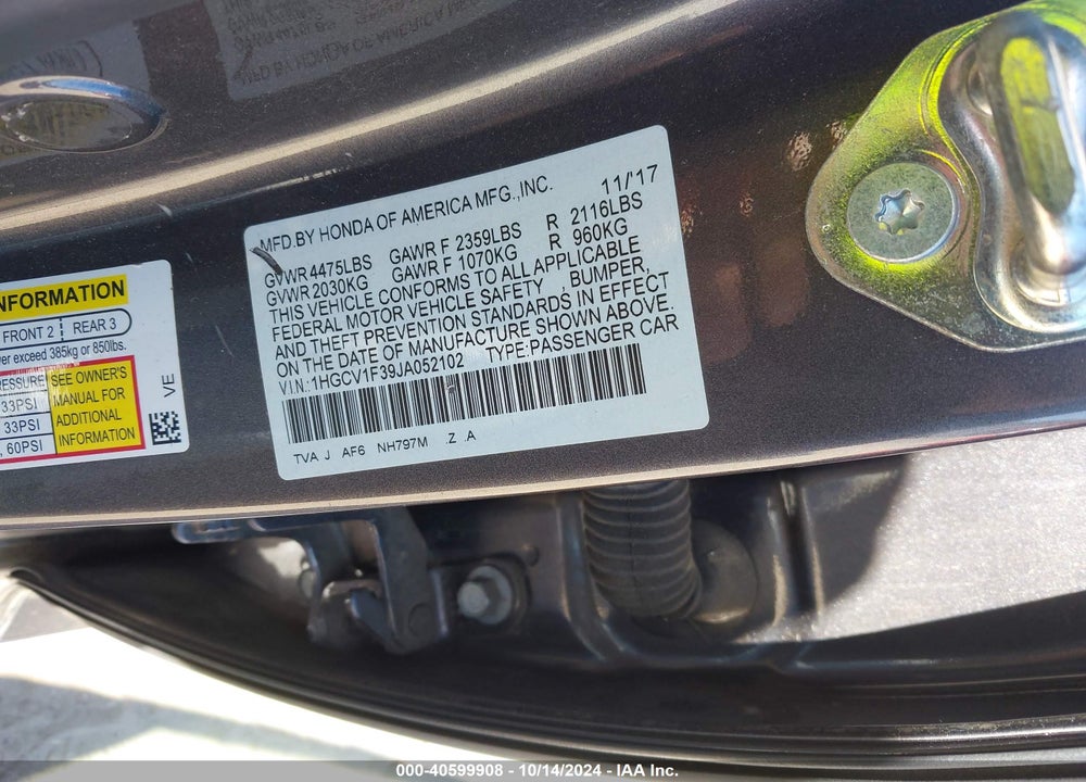 2018 HONDA ACCORD SPORT VIN: 1HGCV1F39JA052102