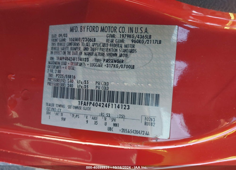 2004 FORD MUSTANG VIN: 1FAFP40424F114123